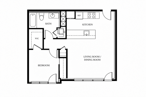 Floor plan for 1 bed, 1 bath